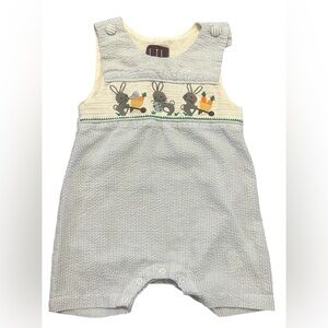 Lil Cactus Blue Seersucker Romper with Rabbits Easter, 12-18 Months